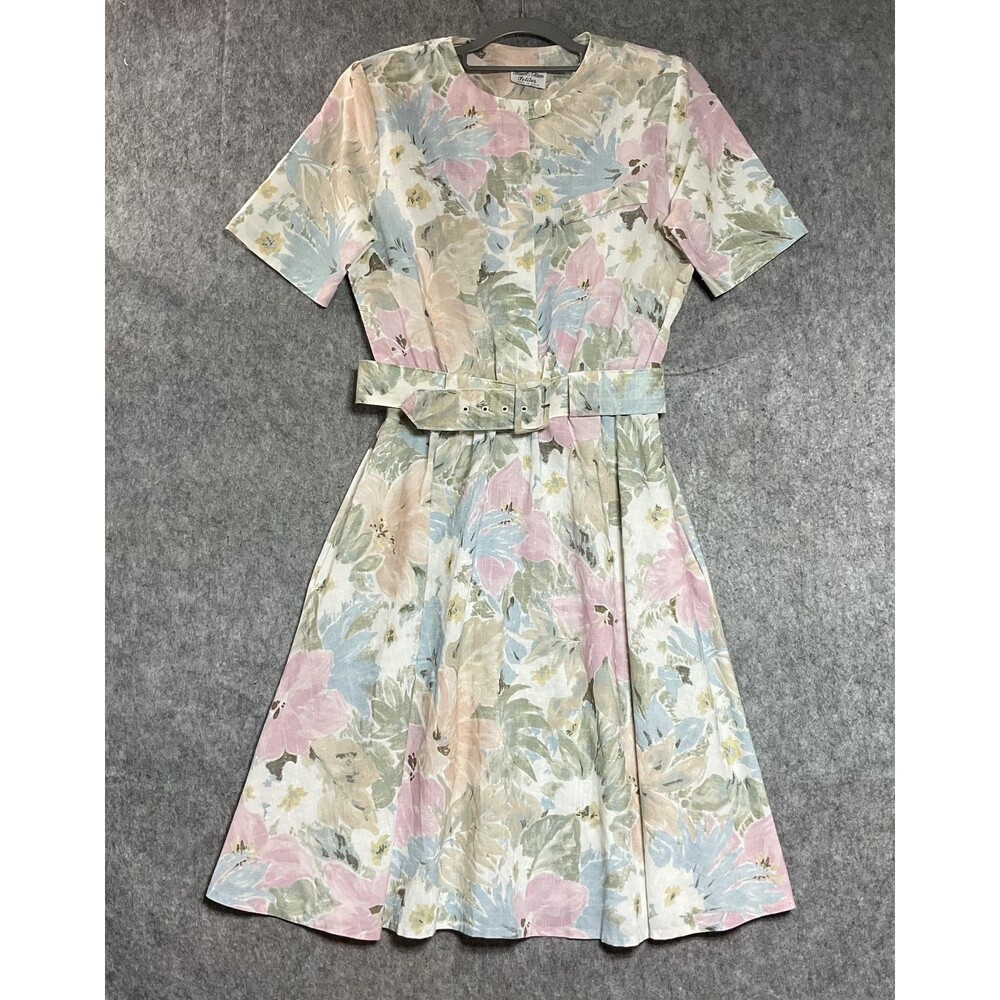 Vintage Stuart Alan Dress Women PM Pastel Floral Belted Fit & Flare Midi Pockets